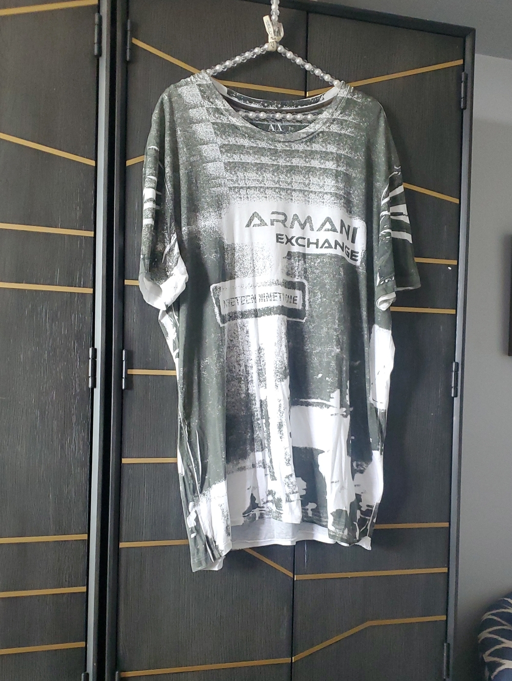 Armani Exchange Olive Green and White Graphic Short Sleeve Tee